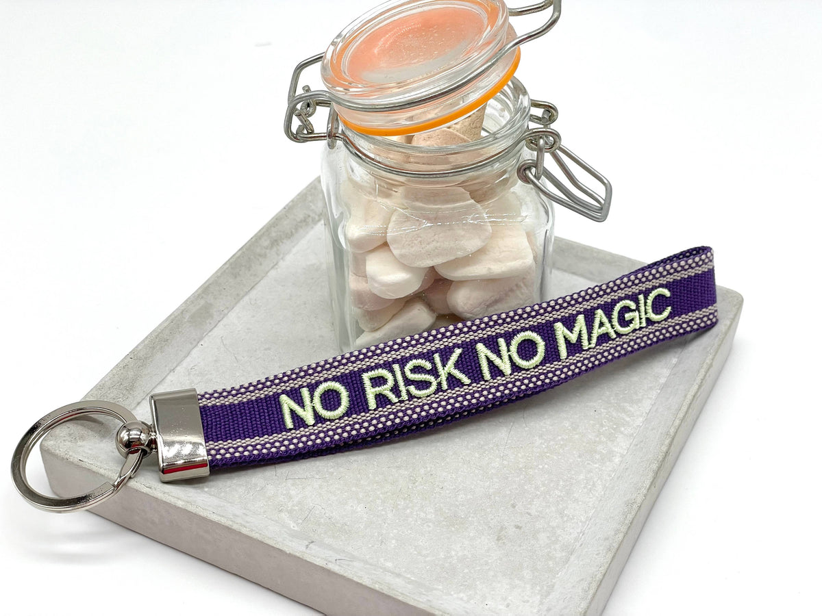 NO RISK NO MAGIC woven embroidered keychain