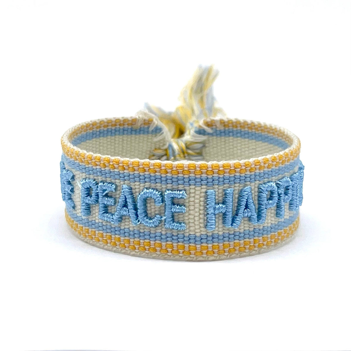 LOVE PEACE HAPPINESS statement bracelet woven, embroidered
