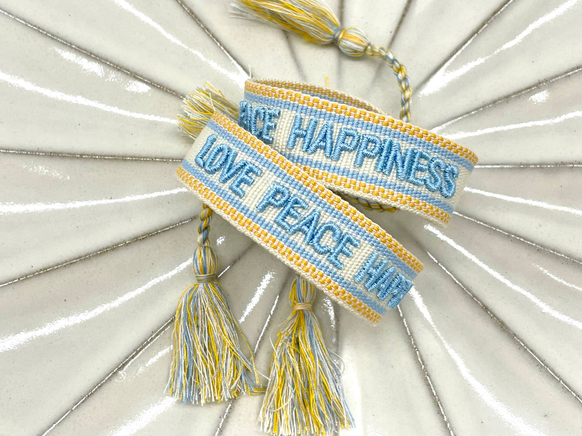 LOVE PEACE HAPPINESS statement bracelet woven, embroidered