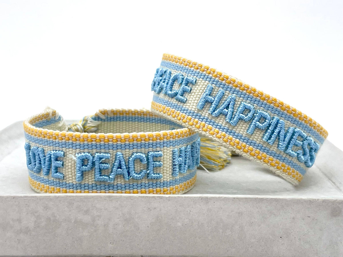 LOVE PEACE HAPPINESS statement bracelet woven, embroidered